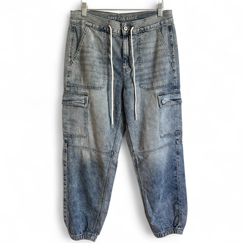American Eagle High Waisted Denim Cargo Drawstring Joggers Sz 10